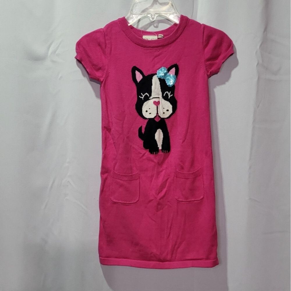 Sonoma Girls Hot Pink Dog Graphic Short Sleeve Sweater Dress Size 6 GUC